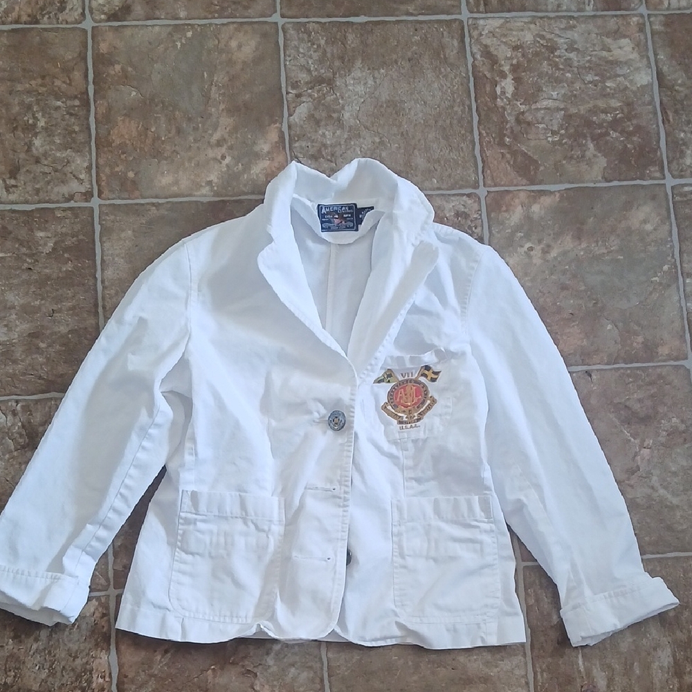 GUC American Living White Nautical Blazer Red Blue Cropped Sleeves Size Small